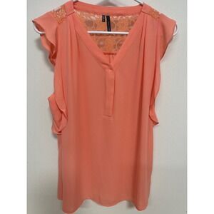 Maurices Coral Orange‎ Lace Yoke V-Neck Ruffle Sleeve Blouse Medium